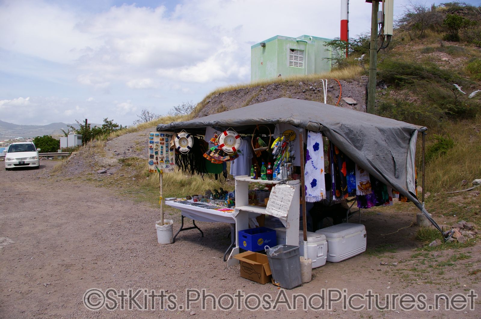Souvenirs for sale at hill top in St Kitts.jpg
