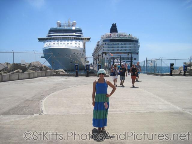 Joann in front of 2 cruise ships at  Port Zante in St Kitts.jpg
